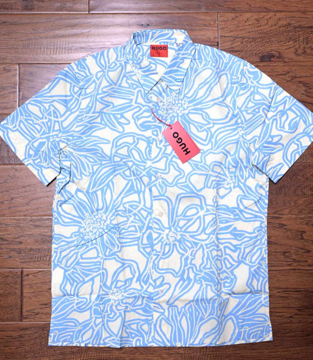 Hugo Boss Mens Ebor Short Sleeve Straight Fit Floral Print Cotton Casual Shirt L